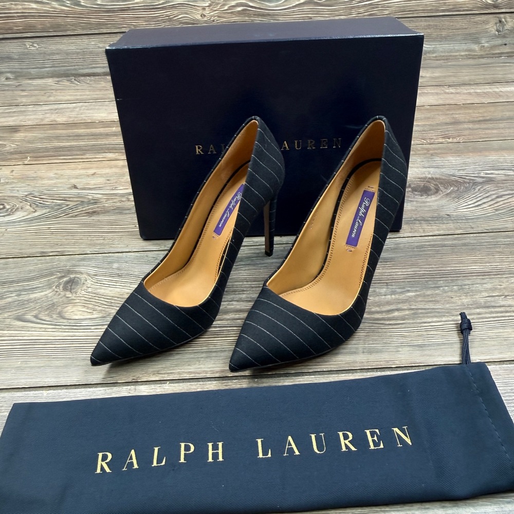 Ralph Lauren Women EU 37.5 US 7.5 Celia Pump Black Pinstripe Purple Label Italy